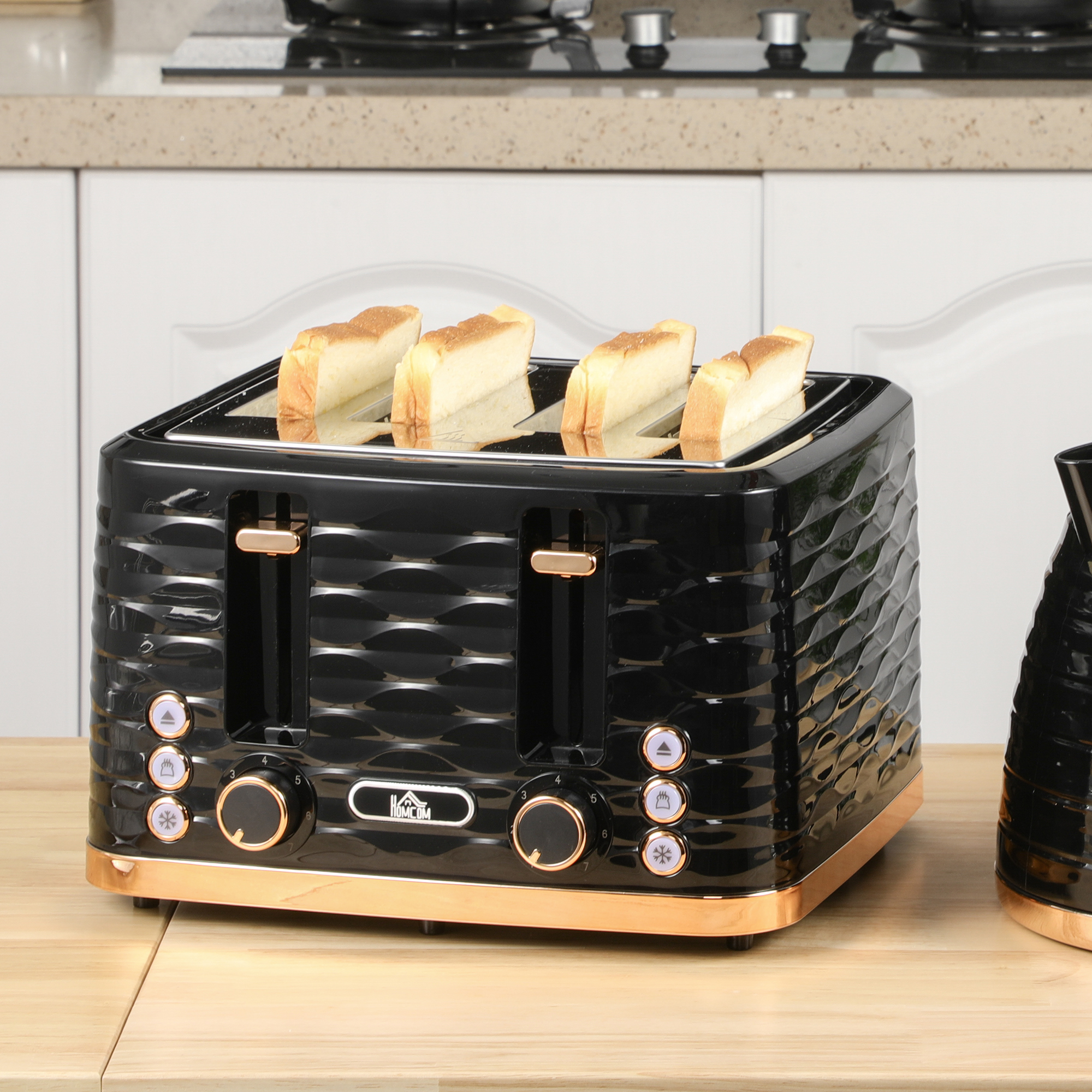 HOMCOM Toaster 4 Scheiben mit Brötchenaufsatz, 7 Stufen, Auftaufunktion, Liftfunktion, Krümelschublade 1860 W Schwarz Aosom – Bild 2 von 2