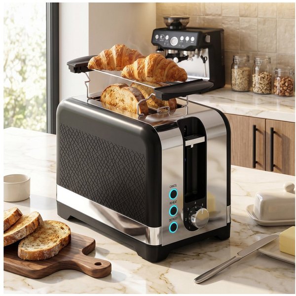 HOMCOM Toaster 7 Bräunungsstufen, Aufwärmen, Abbruch, Krümelschublade, 2 Schlitze, für 2 Scheiben, 930 W, abnehmbarer Brötchenaufsatz, Auftaufunktion, Brotzentr