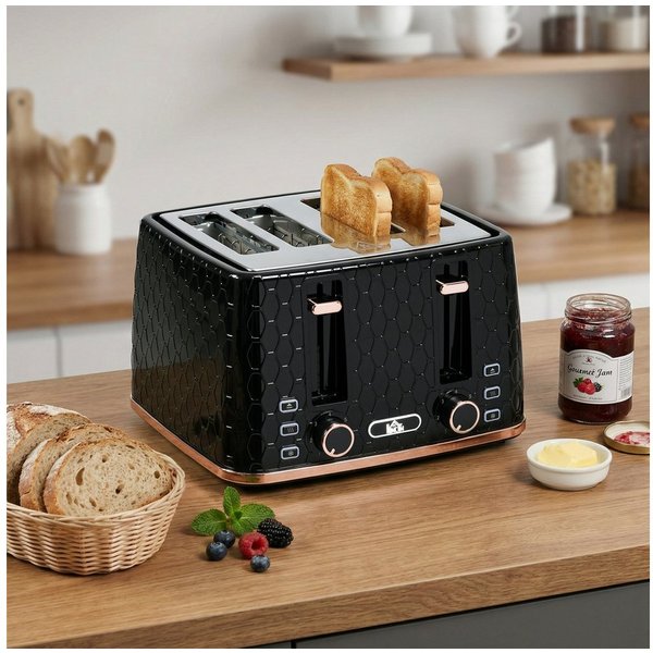 HOMCOM Toaster Edelstahl, mit Brötchenaufsatz, Krümelschublade, Schwarz, 4 kurze Schlitze, für 4 Scheiben, 1860 W, Automatische Abschaltung, 7 Bräunungsstufen