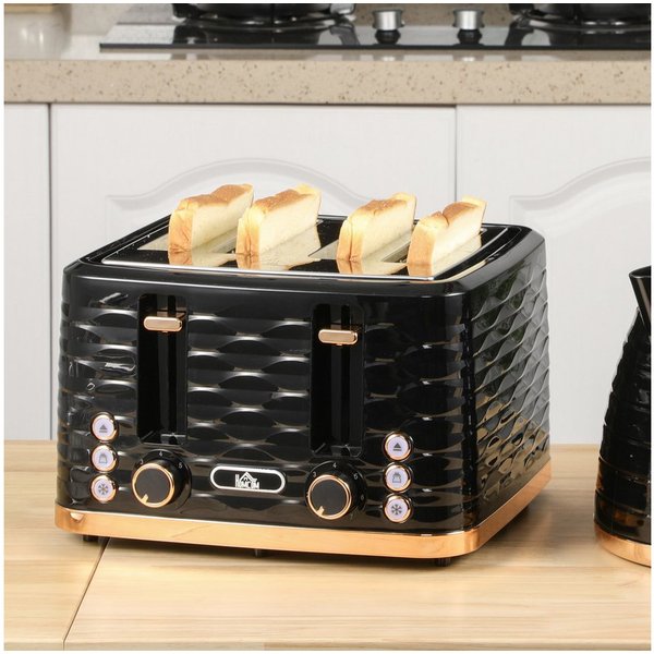 HOMCOM Toaster High-Lift, Aufwärm-/Auftau-/Abbruchs-Funktion, Selbstzentrierung, Vier-Scheiben-Toaster, für Haushaltsgebrauch, 1860 W, 1860 W Schwarz