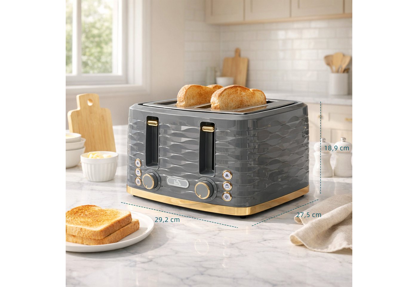 HOMCOM Toaster High-Lift, Aufwärm-/Auftau-/Abbruchs-Funktion, Selbstzentrierung, 4 kurze Schlitze, für 4 Scheiben, 1860 W, Automatische Abschaltung, 7 Bräunungs – Bild 3 von 5