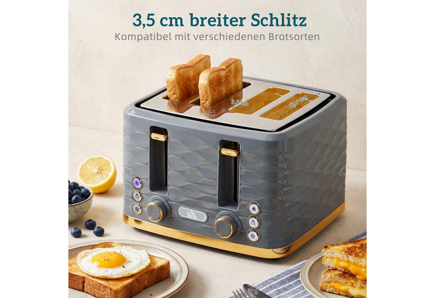 HOMCOM Toaster High-Lift, Aufwärm-/Auftau-/Abbruchs-Funktion, Selbstzentrierung, 4 kurze Schlitze, für 4 Scheiben, 1860 W, Automatische Abschaltung, 7 Bräunungs – Bild 4 von 5