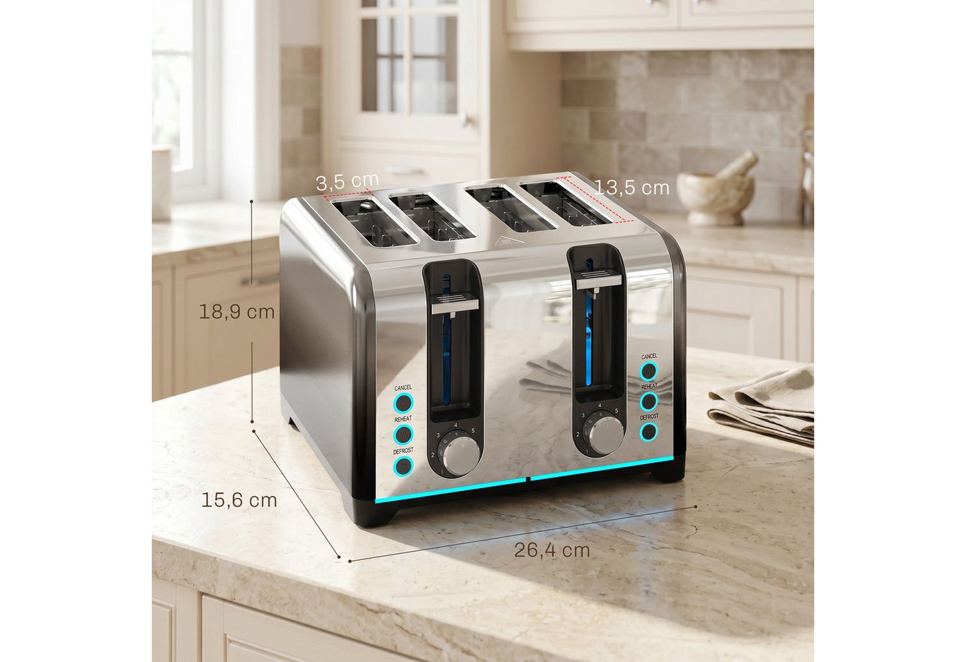 HOMCOM Toaster selbstzentrierende Schlitze, herausnehmbare Krümelschublade, 4 kurze Schlitze, für 4 Scheiben, 1860 W, 4 Schlitze, 7 Bräunungsstufen, Auftauen, A – Bild 3 von 5