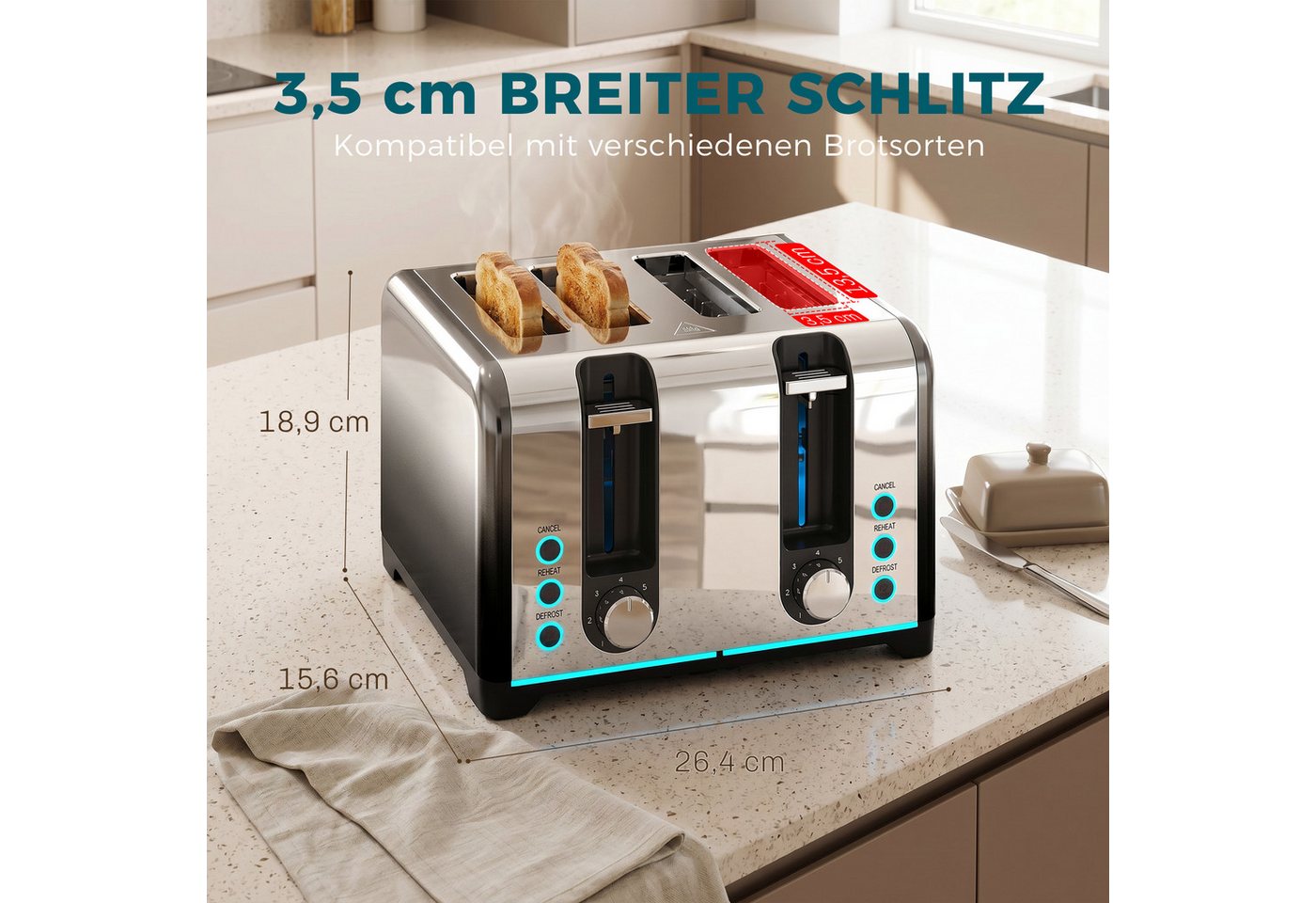 HOMCOM Toaster selbstzentrierende Schlitze, herausnehmbare Krümelschublade, 4 kurze Schlitze, für 4 Scheiben, 1860 W, 4 Schlitze, 7 Bräunungsstufen, Auftauen, A – Bild 4 von 5