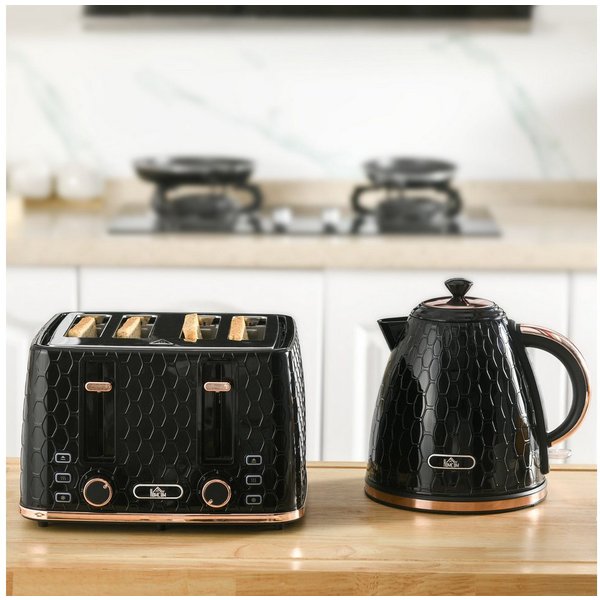 HOMCOM Toaster Wasserkocher Frühstücksset mit 7 Bräunungsstufen, Krümelfach, 4 Schlitze, für 4 Scheiben, 2200 W, mit automatischer Abschaltung, Auftau- & Aufwär