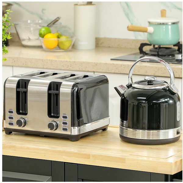 HOMCOM Toaster Wasserkocher Set Edelstahl 1,7L, 4 Scheiben, Aufwärmen, Auftauen, Kocher-Toaster-Set, für Frühstückszubereitung, 2200 W, 7 Bräunungsstufen, Krüme