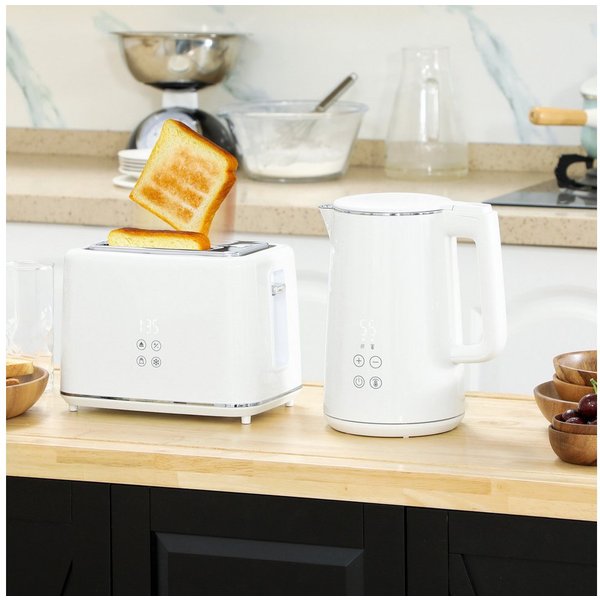 HOMCOM Toaster Wasserkocher Set Edelstahl 1,5L automatisch mit Abschaltung, 2 Schlitze, für 2 Scheiben, 2200 W, 7 Bräunungsstufen, schnelles Kochen, Weiß