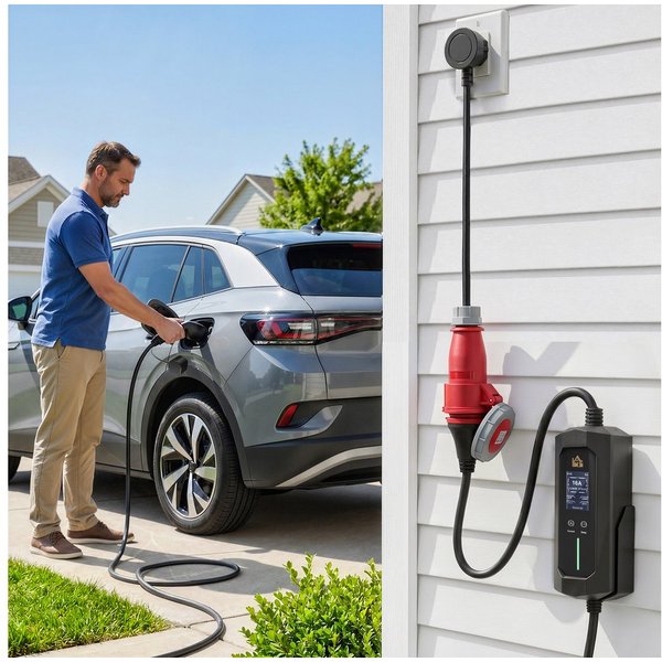 HOMCOM Tragbare Wallbox mit Tasche Autoladekabel, CEE 16A rot, Typ 2, Typ 2, CEE 16A (800 cm), 8 m, 11 kW, IP65, Timer 1–12 h, LCD
