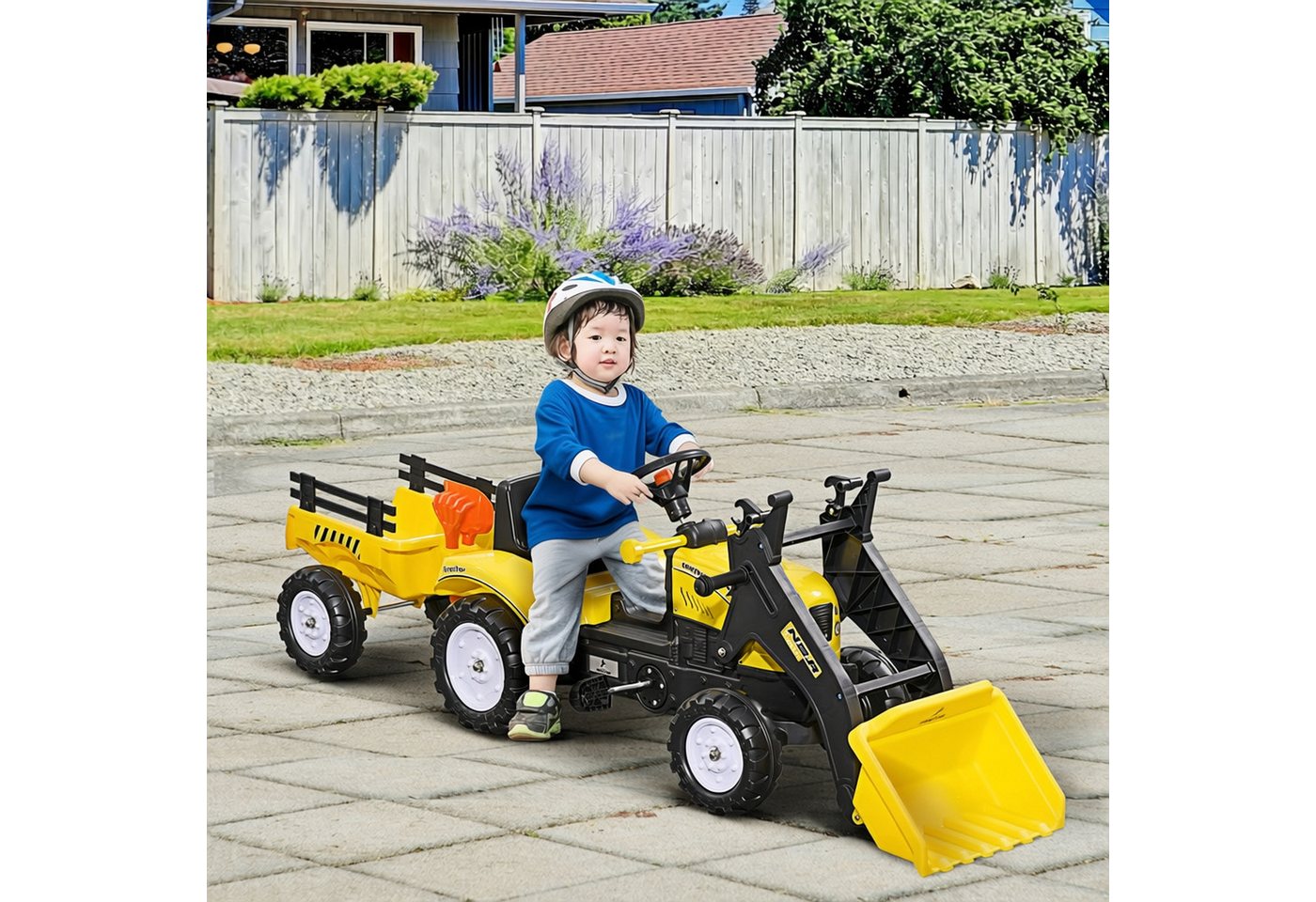 HOMCOM Trettraktor mit Anhänger, Tretfahrzeug mit Schaufel, Kinderfahrzeug Traktor, für ab 3 Jahren Kinder, Gelb – Bild 2 von 5