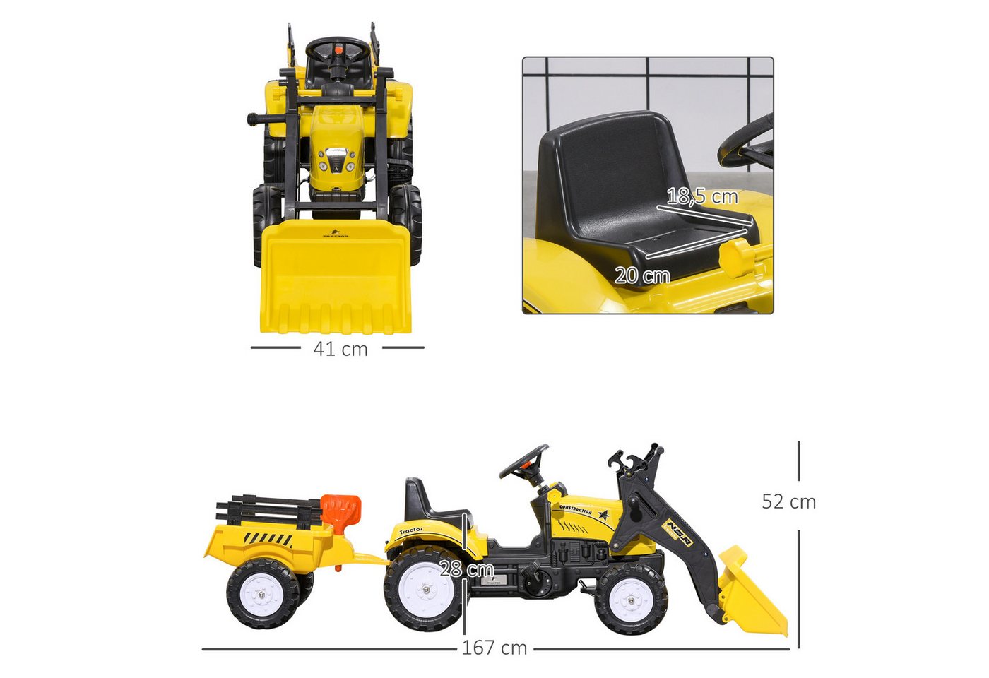 HOMCOM Trettraktor mit Anhänger, Tretfahrzeug mit Schaufel, Kinderfahrzeug Traktor, für ab 3 Jahren Kinder, Gelb – Bild 3 von 5