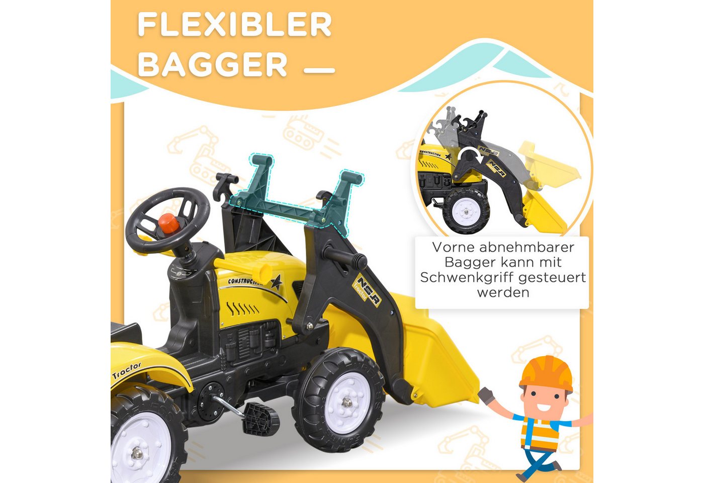 HOMCOM Trettraktor mit Anhänger, Tretfahrzeug mit Schaufel, Kinderfahrzeug Traktor, für ab 3 Jahren Kinder, Gelb – Bild 5 von 5