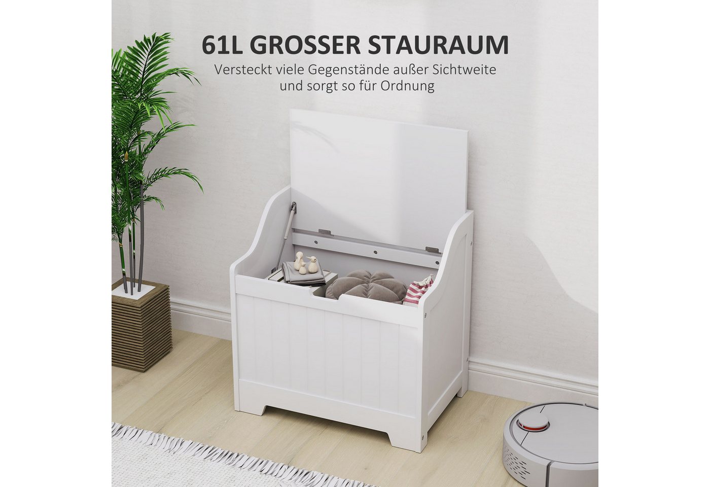 HOMCOM Truhe Aufbewahrungsbox mit Deckel, Auflagenbox, für Wohnzimmer, Schlafzimmer (Aufbewahrungsbox mit U-förmigem Griffausschnitt, 1 St., Aufbewahrungskiste  – Bild 4 von 5