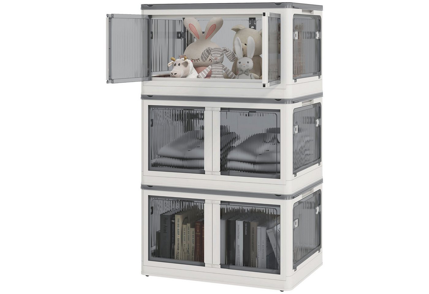 HOMCOM Truhe Plastik faltbare Kisten, Kleiderschrank Organizer Set mit Rollen (Aufbewahrungskiste, 3 St., Aufbewahrungstruhe), Weiß 60 x 42 x 34 cm – Bild 2 von 5