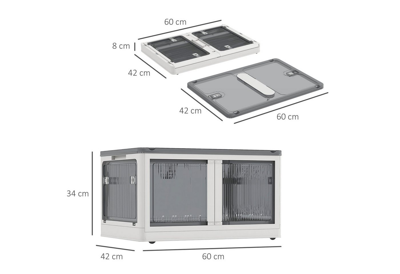 HOMCOM Truhe Plastik faltbare Kisten, Kleiderschrank Organizer Set mit Rollen (Aufbewahrungskiste, 3 St., Aufbewahrungstruhe), Weiß 60 x 42 x 34 cm – Bild 3 von 5
