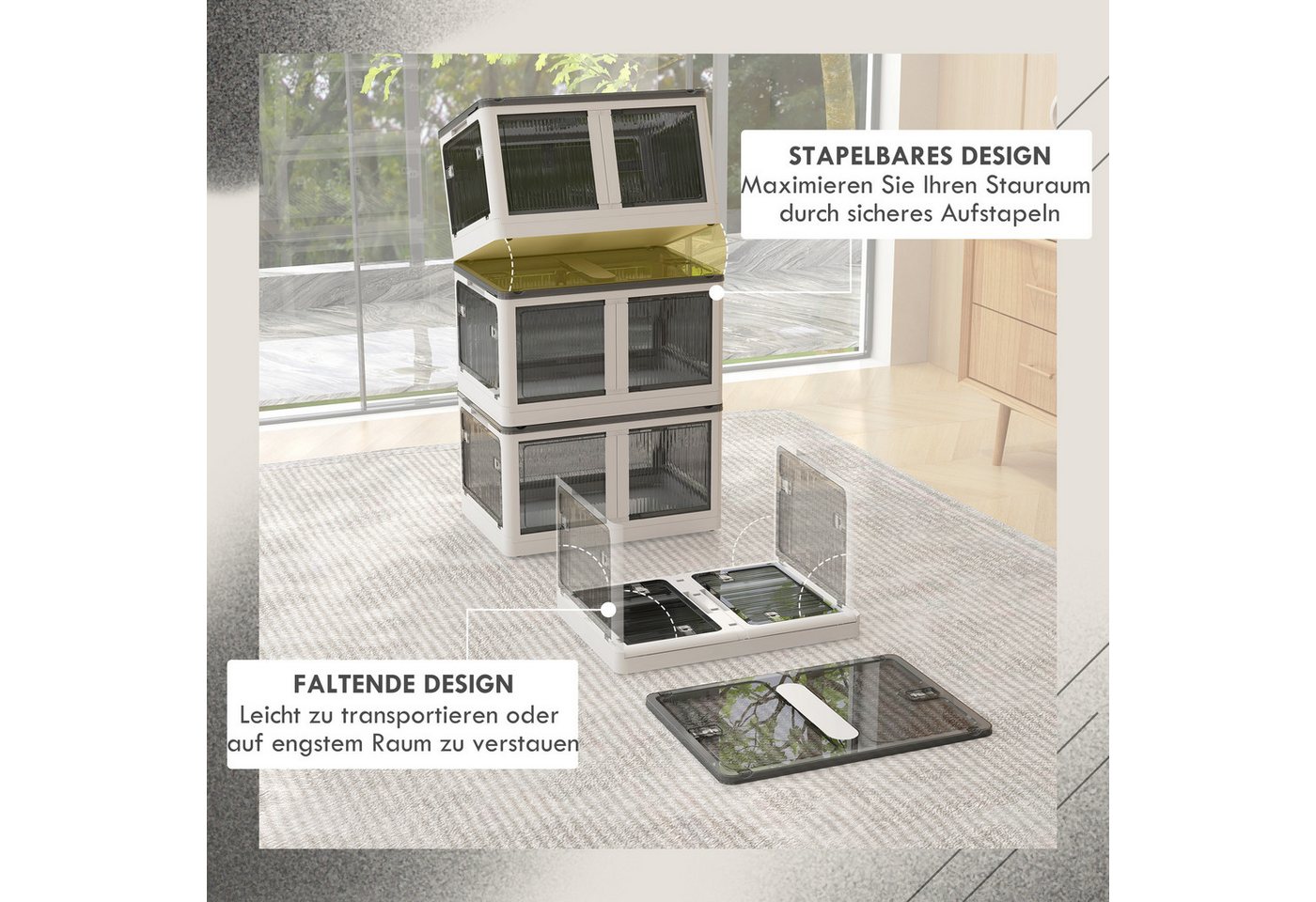 HOMCOM Truhe Plastik faltbare Kisten, Kleiderschrank Organizer Set mit Rollen (Aufbewahrungskiste, 3 St., Aufbewahrungstruhe), Weiß 60 x 42 x 34 cm – Bild 4 von 5