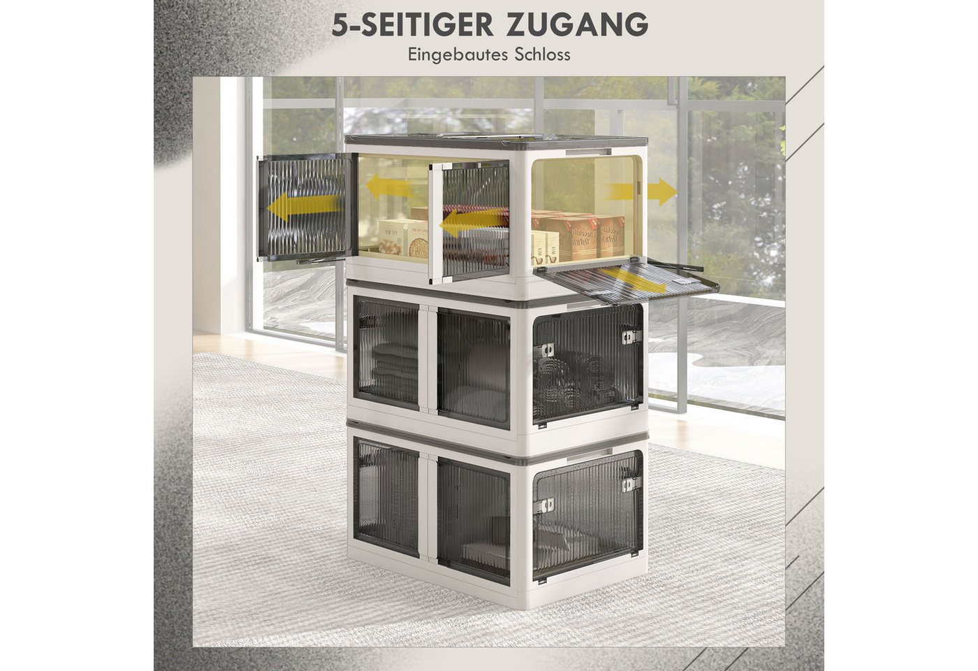 HOMCOM Truhe Plastik faltbare Kisten, Kleiderschrank Organizer Set mit Rollen (Aufbewahrungskiste, 3 St., Aufbewahrungstruhe), Weiß 60 x 42 x 34 cm – Bild 5 von 5