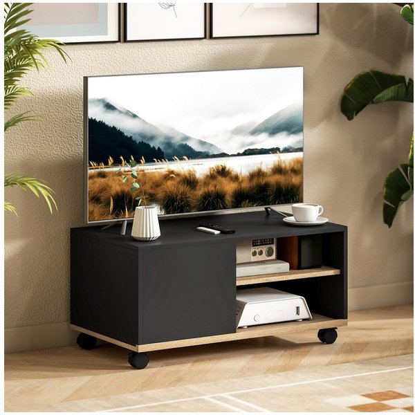 HOMCOM TV-Board Fernsehtisch, TV Board für Wohnzimmer, Schwarz und Eiche (Lowboard auf Rollen, 1 St., 1 TV-Schrank), Mit Rollen und Kabelführung, für 32 Zoll TV