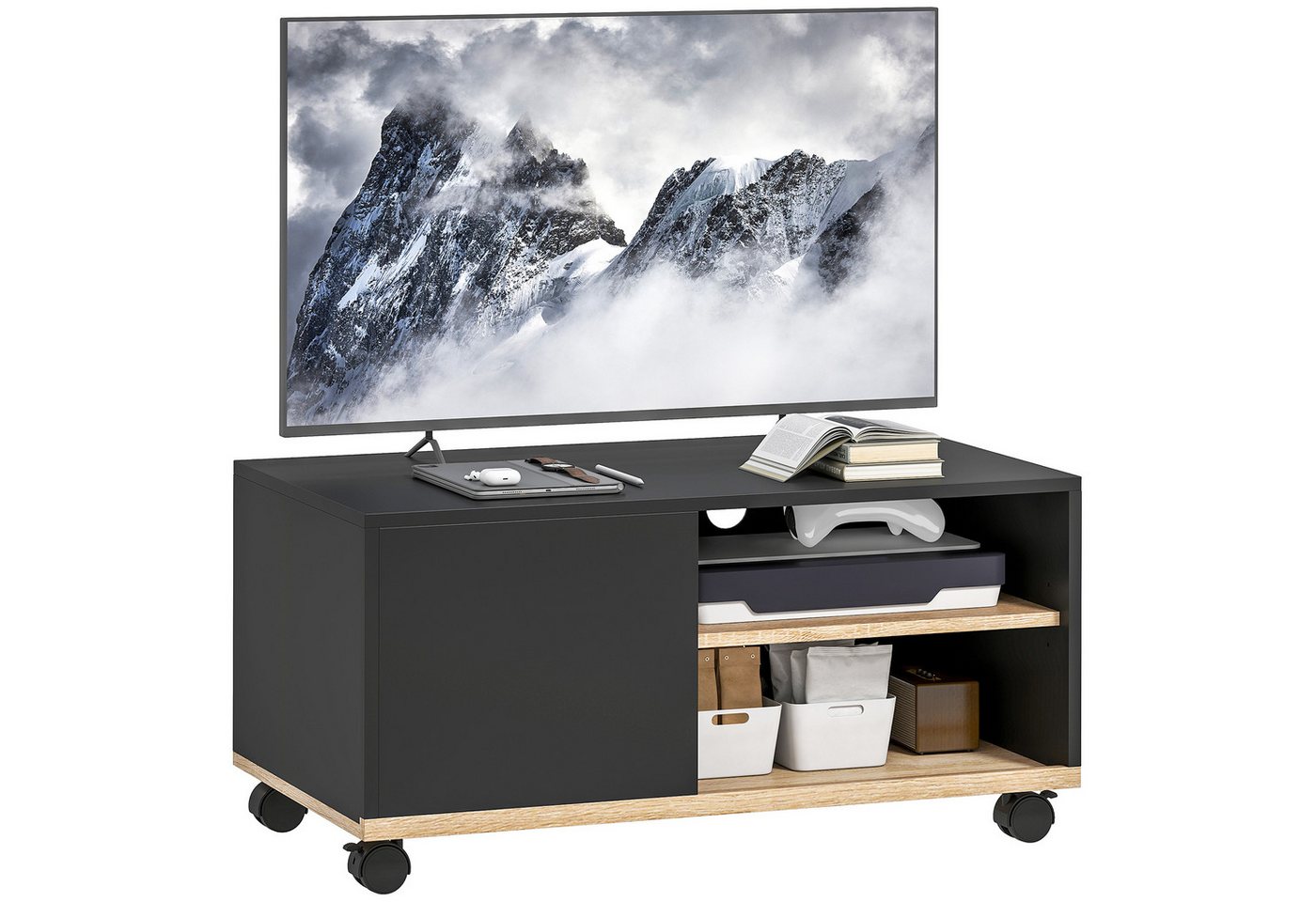 HOMCOM TV-Board Fernsehtisch, TV Board für Wohnzimmer, Schwarz und Eiche (Lowboard auf Rollen, 1 St., 1 TV-Schrank), Mit Rollen und Kabelführung, für 32 Zoll TV – Bild 2 von 5