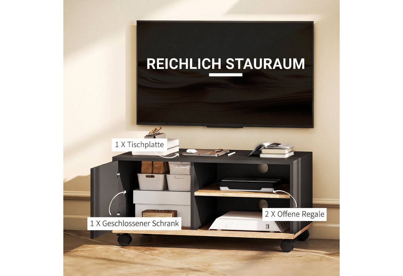 HOMCOM TV-Board Fernsehtisch, TV Board für Wohnzimmer, Schwarz und Eiche (Lowboard auf Rollen, 1 St., 1 TV-Schrank), Mit Rollen und Kabelführung, für 32 Zoll TV – Bild 4 von 5