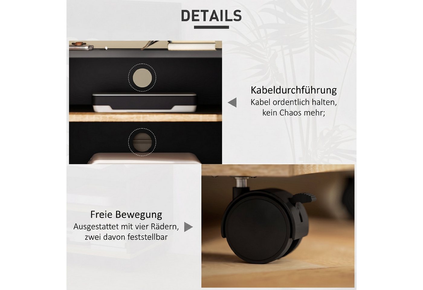 HOMCOM TV-Board Fernsehtisch, TV Board für Wohnzimmer, Schwarz und Eiche (Lowboard auf Rollen, 1 St., 1 TV-Schrank), Mit Rollen und Kabelführung, für 32 Zoll TV – Bild 5 von 5