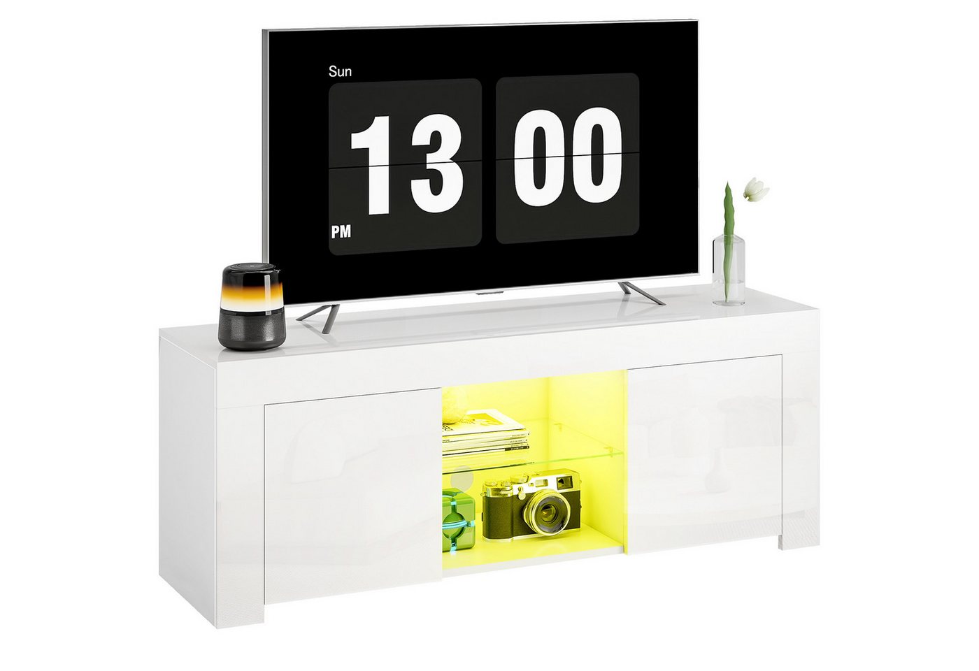 HOMCOM TV-Board mit 2 Türen, RGB LED Leuchte, Glasregal, Kabelmanagement (Hochglanz TV Lowboard, 1 St., TV Board), für Wohnzimmer Weiß 120x34x45cm – Bild 2 von 5