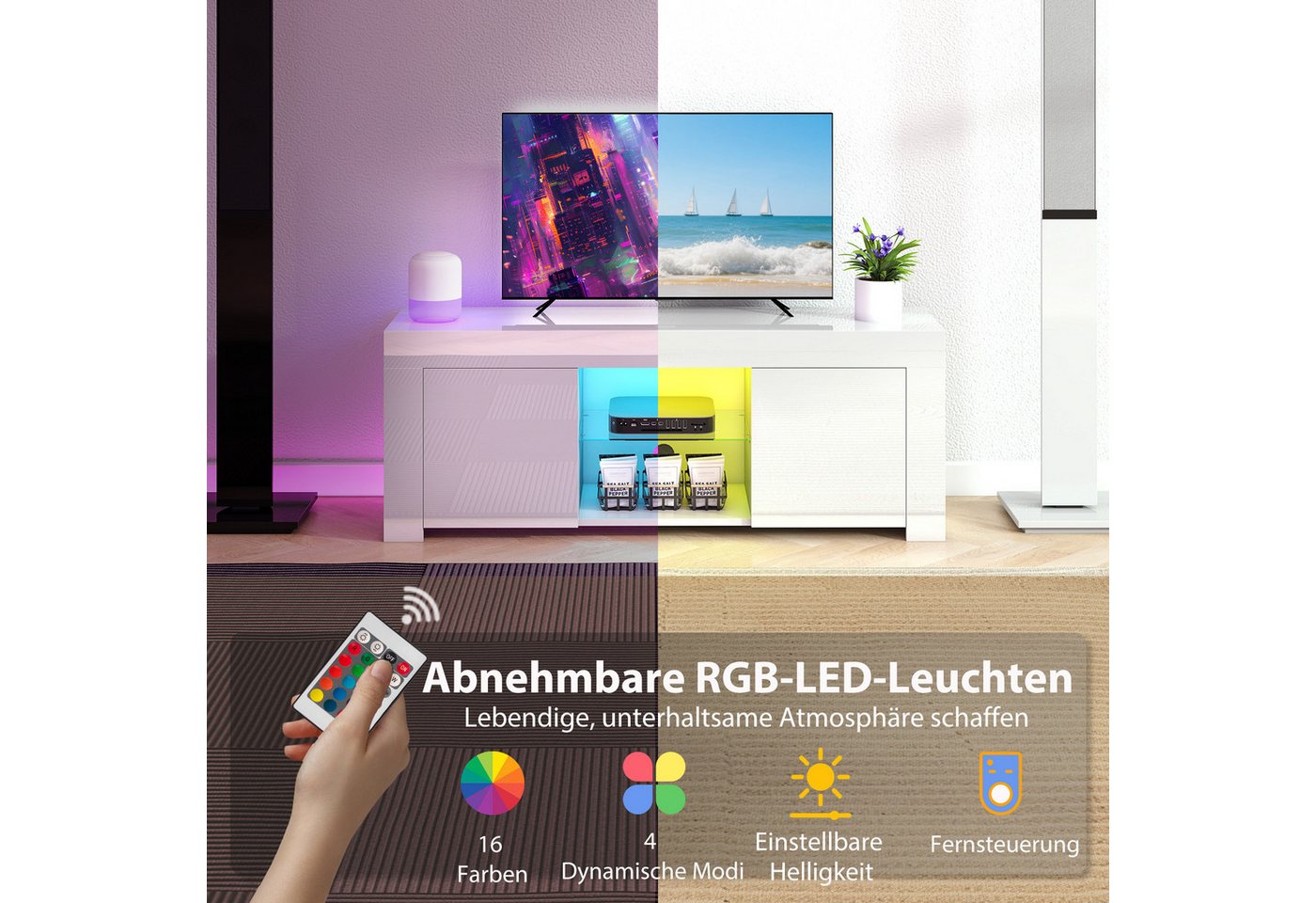 HOMCOM TV-Board mit 2 Türen, RGB LED Leuchte, Glasregal, Kabelmanagement (Hochglanz TV Lowboard, 1 St., TV Board), für Wohnzimmer Weiß 120x34x45cm – Bild 4 von 5