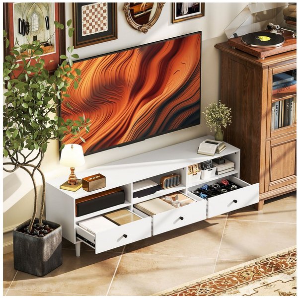 HOMCOM TV-Board TV Schrank mit Schubladen, 3 offenen Fächern (140 cm lang TV Kommode, 1 St., TV Lowboard mit Kabelmanagement), Fernsehtisch für Wohnzimmer Weiß 