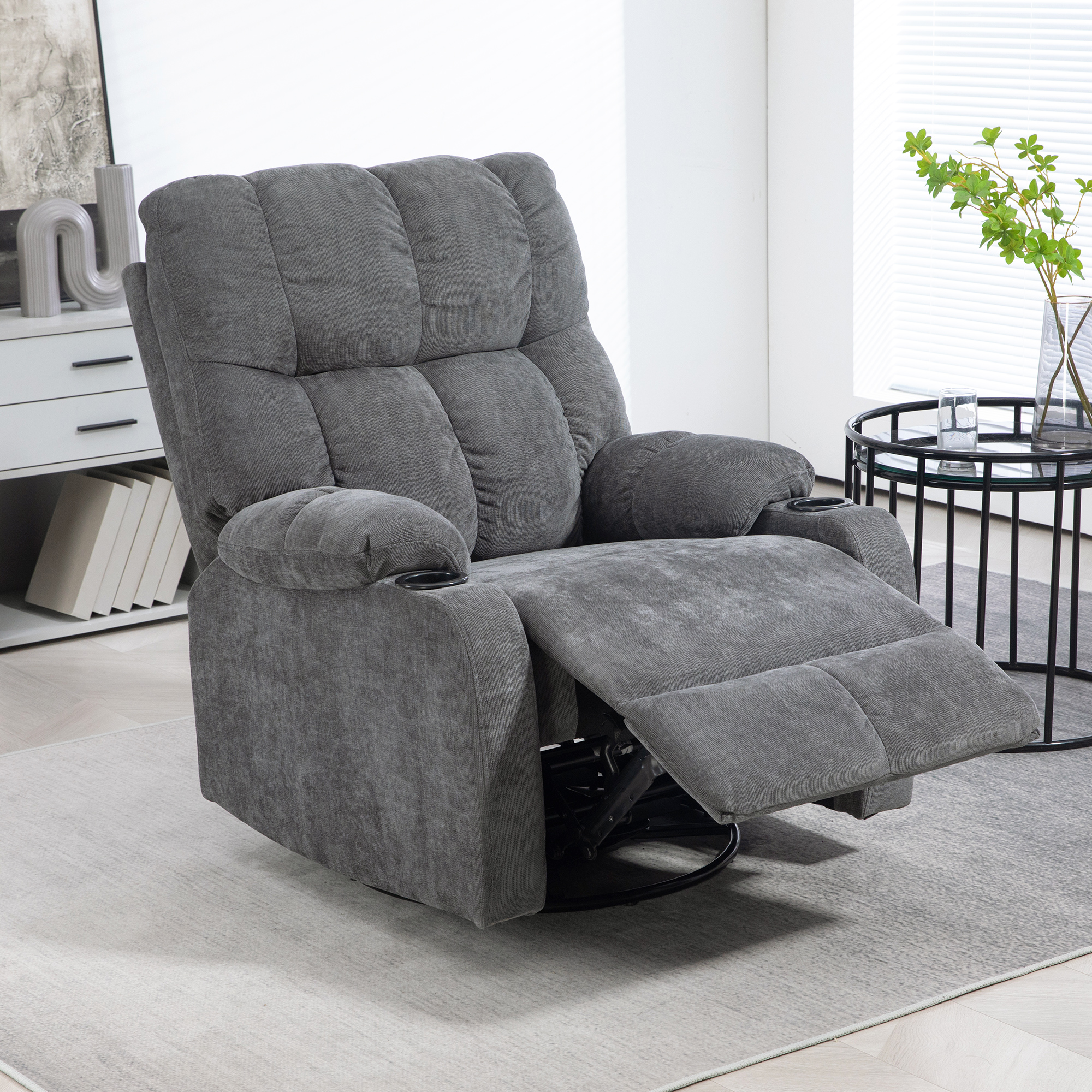 HOMCOM TV-Sessel mit Liegefunktion, 360° drehbar 135° neigbar, mit Taschenfederkern, elastischen Bändern, Becherhalter, 88x96x108cm Dunkelgrau Aosom – Bild 2 von 2