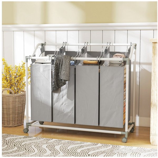 HOMCOM Wäschekorb 4 Fächer 160 L Wäschesack, Wäschesortierer mit Rädern (Wäschesammler, 1 St., Wäschebox), für Waschküche, Schlafzimmer, Badezimmer, Grau