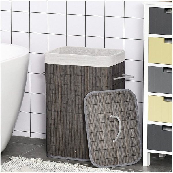 HOMCOM Wäschekorb Bambus schmal mit Deckel 83L Laundry Baskets (Wäschesortierer, 1 St., Wäschesammler), für Waschküche Badezimmer Schlafzimmer Grau