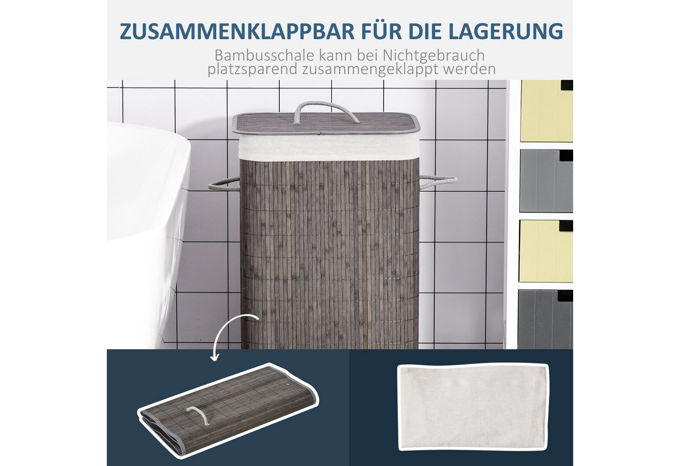 HOMCOM Wäschekorb Bambus schmal mit Deckel 83L Laundry Baskets (Wäschesortierer, 1 St., Wäschesammler), für Waschküche Badezimmer Schlafzimmer Grau – Bild 4 von 5
