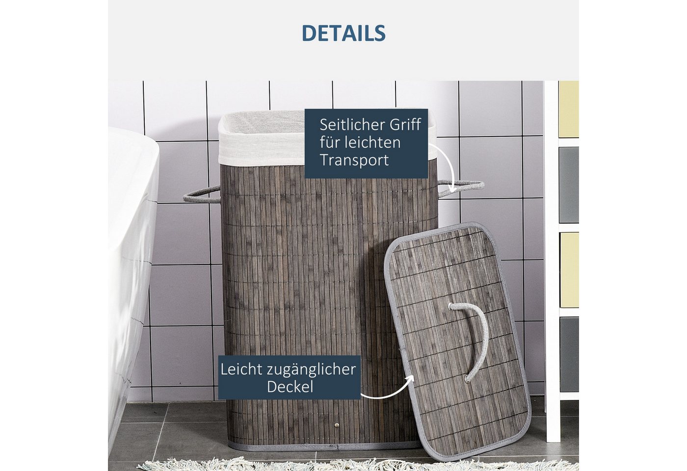 HOMCOM Wäschekorb Bambus schmal mit Deckel 83L Laundry Baskets (Wäschesortierer, 1 St., Wäschesammler), für Waschküche Badezimmer Schlafzimmer Grau – Bild 5 von 5