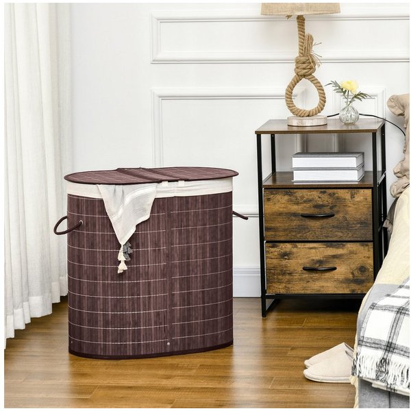 HOMCOM Wäschekorb Laundry Baskets Wäschesortierer mit Deckel, 2 Fächer (Wäschebox, 1 St., Wäschesammler), Bambus, Braun