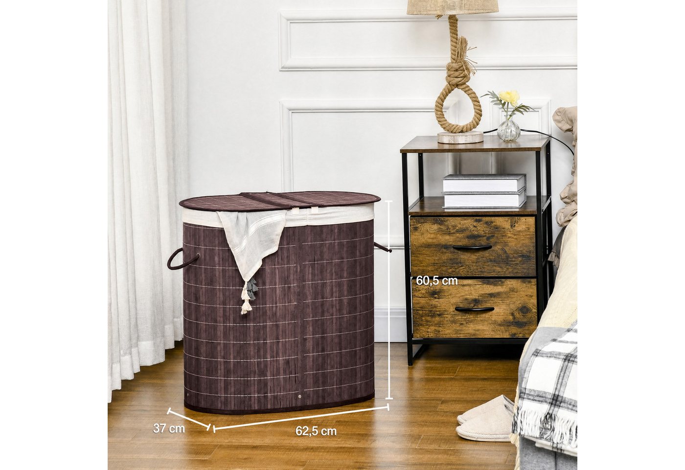 HOMCOM Wäschekorb Laundry Baskets Wäschesortierer mit Deckel, 2 Fächer (Wäschebox, 1 St., Wäschesammler), Bambus, Braun – Bild 3 von 5
