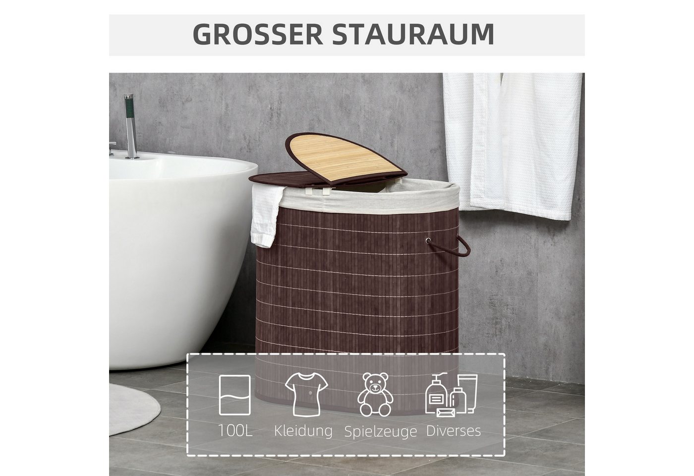 HOMCOM Wäschekorb Laundry Baskets Wäschesortierer mit Deckel, 2 Fächer (Wäschebox, 1 St., Wäschesammler), Bambus, Braun – Bild 4 von 5