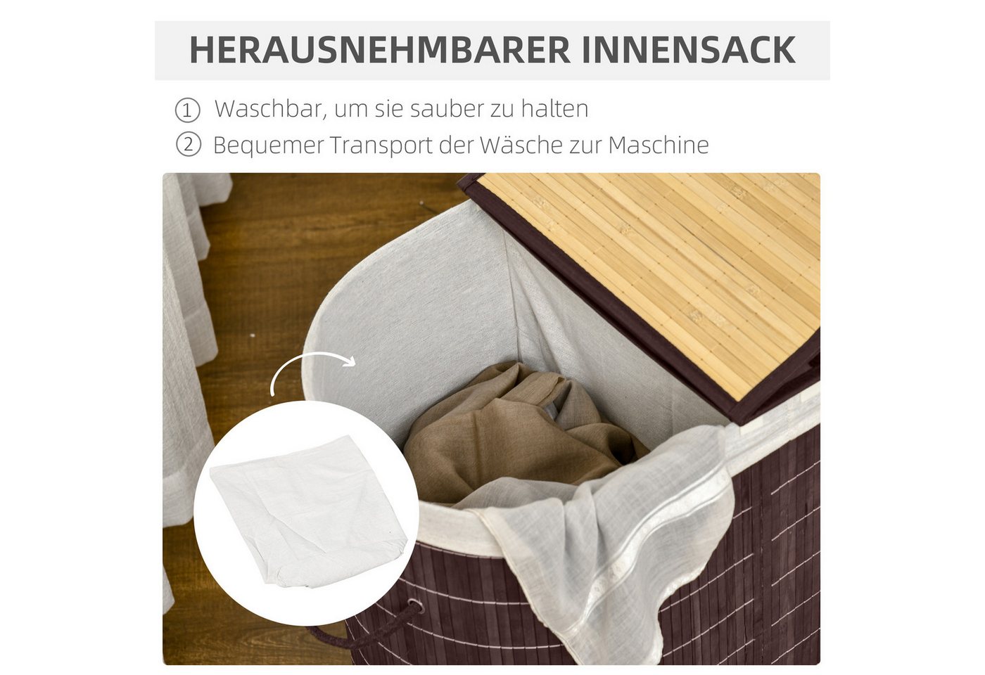 HOMCOM Wäschekorb Laundry Baskets Wäschesortierer mit Deckel, 2 Fächer (Wäschebox, 1 St., Wäschesammler), Bambus, Braun – Bild 5 von 5