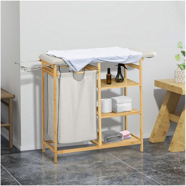 HOMCOM Wäschekorb mit Bügelbrett, Stoffsack und Bambusgestell, 113x34x82cm (Wäschesammler, 1 St., Bambus-Wäschekorb), für Badezimmer, Schlafzimmer, Naturholz