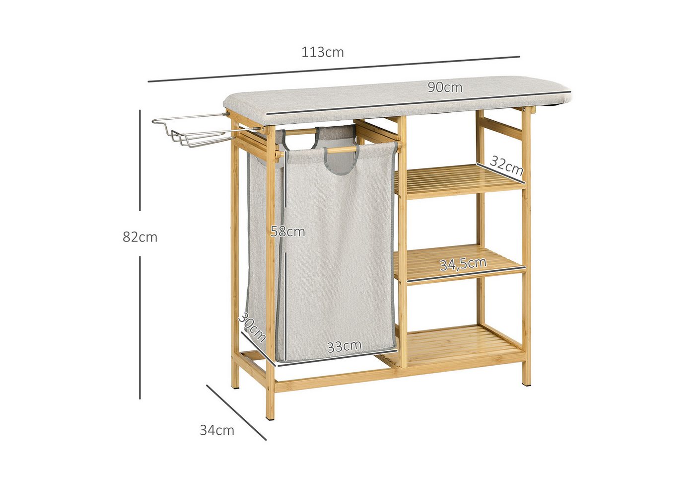 HOMCOM Wäschekorb mit Bügelbrett, Stoffsack und Bambusgestell, 113x34x82cm (Wäschesammler, 1 St., Bambus-Wäschekorb), für Badezimmer, Schlafzimmer, Naturholz – Bild 3 von 5