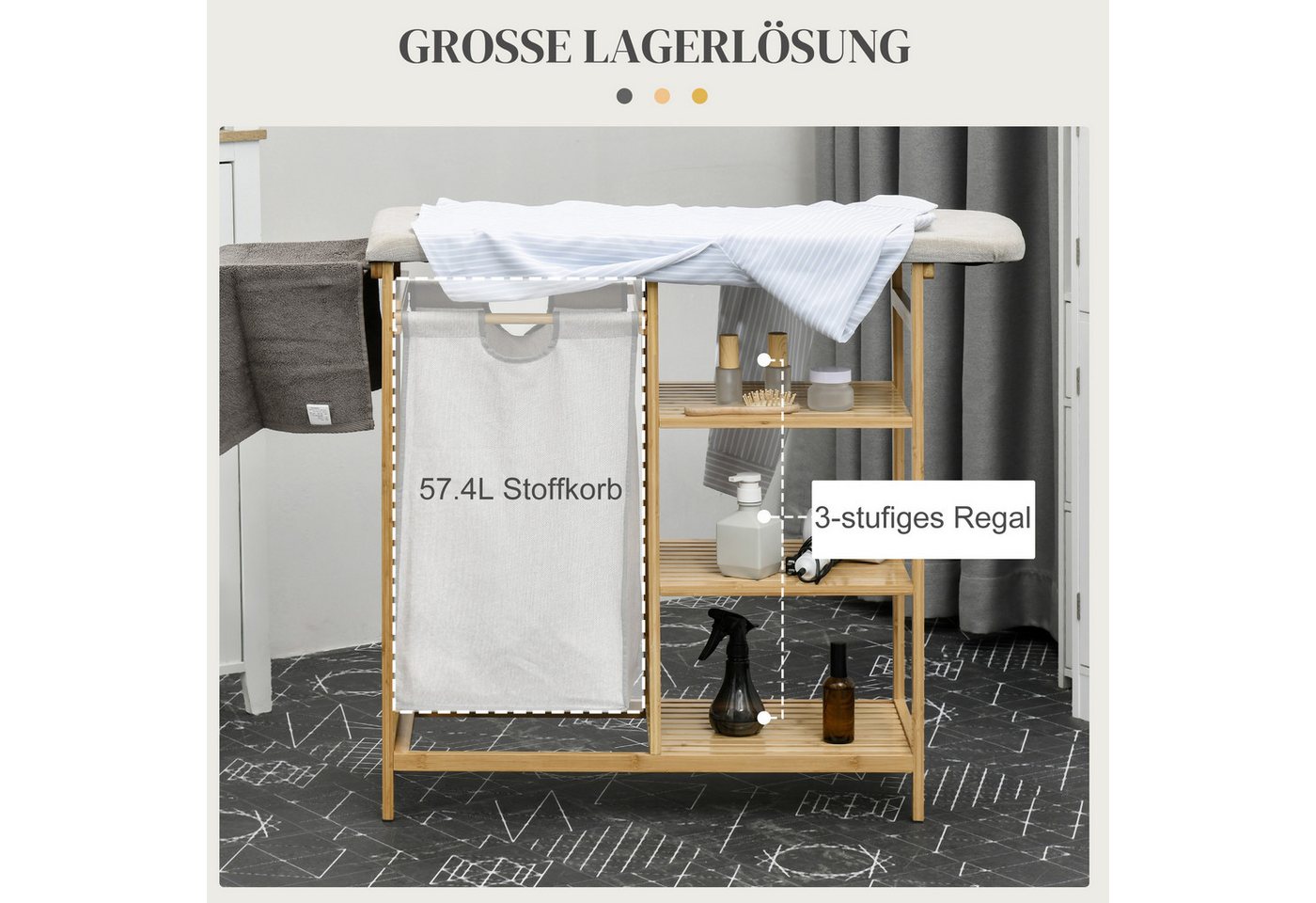 HOMCOM Wäschekorb mit Bügelbrett, Stoffsack und Bambusgestell, 113x34x82cm (Wäschesammler, 1 St., Bambus-Wäschekorb), für Badezimmer, Schlafzimmer, Naturholz – Bild 4 von 5