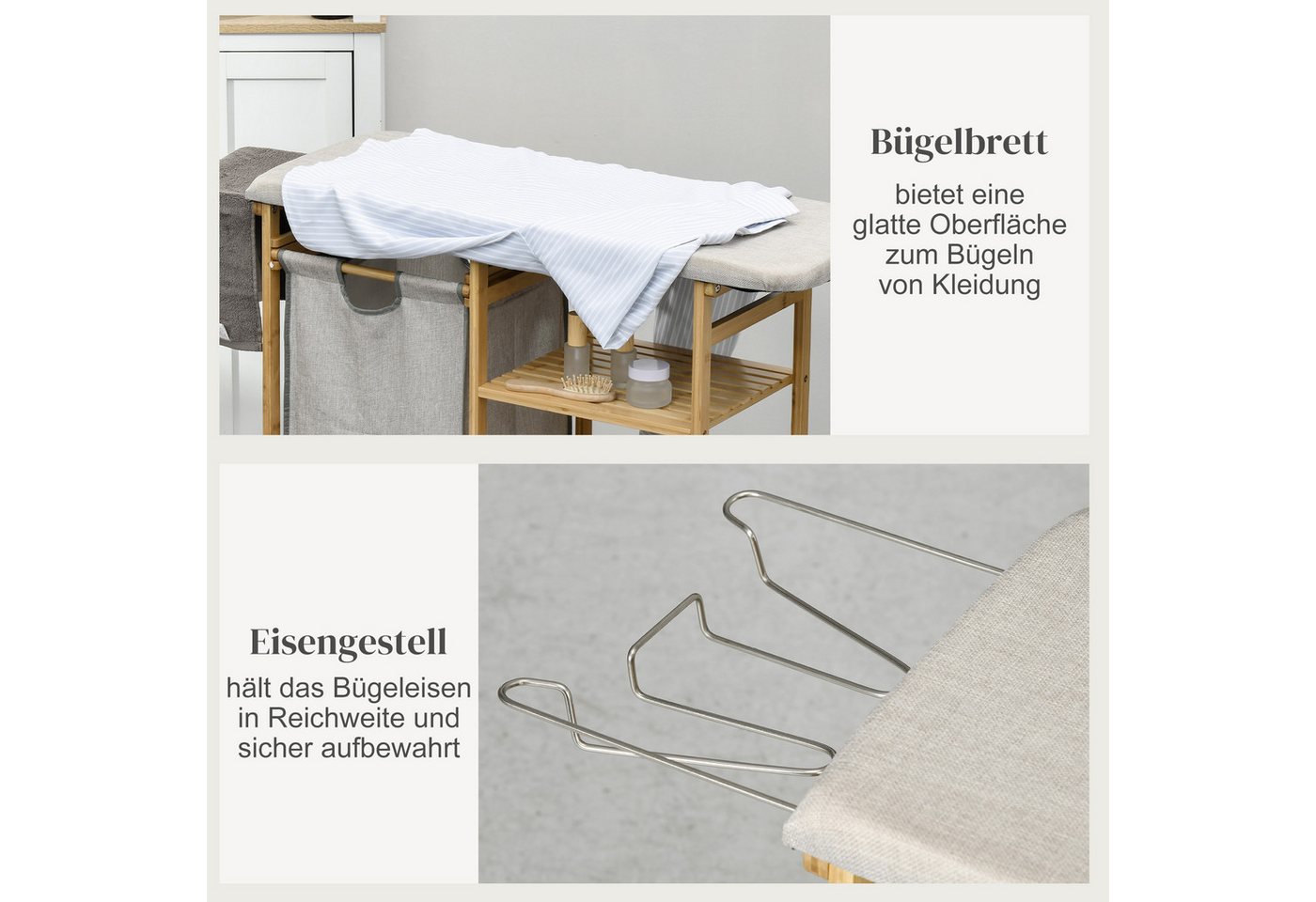 HOMCOM Wäschekorb mit Bügelbrett, Stoffsack und Bambusgestell, 113x34x82cm (Wäschesammler, 1 St., Bambus-Wäschekorb), für Badezimmer, Schlafzimmer, Naturholz – Bild 5 von 5