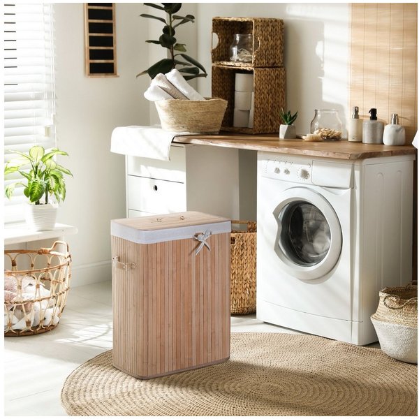 HOMCOM Wäschekorb schmal Wäschesammler mit Griff, für Schlafzimmer & Bad, natur (Wäschekorb, 1 St., Wäschebox), Bambus, faltbar, 72L, Natur, 40 x 30 x 60 cm