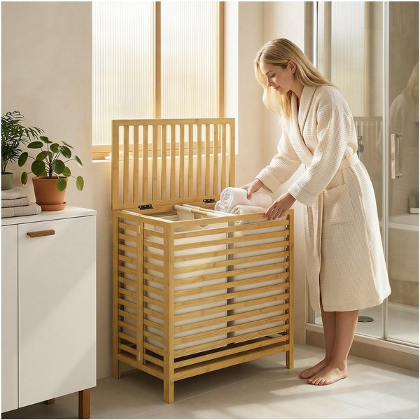 HOMCOM Wäschekorb (Wäschebox, 1 St., Wäschesammler), 64 Liter, faltbar, Doppelkorb, Bambus