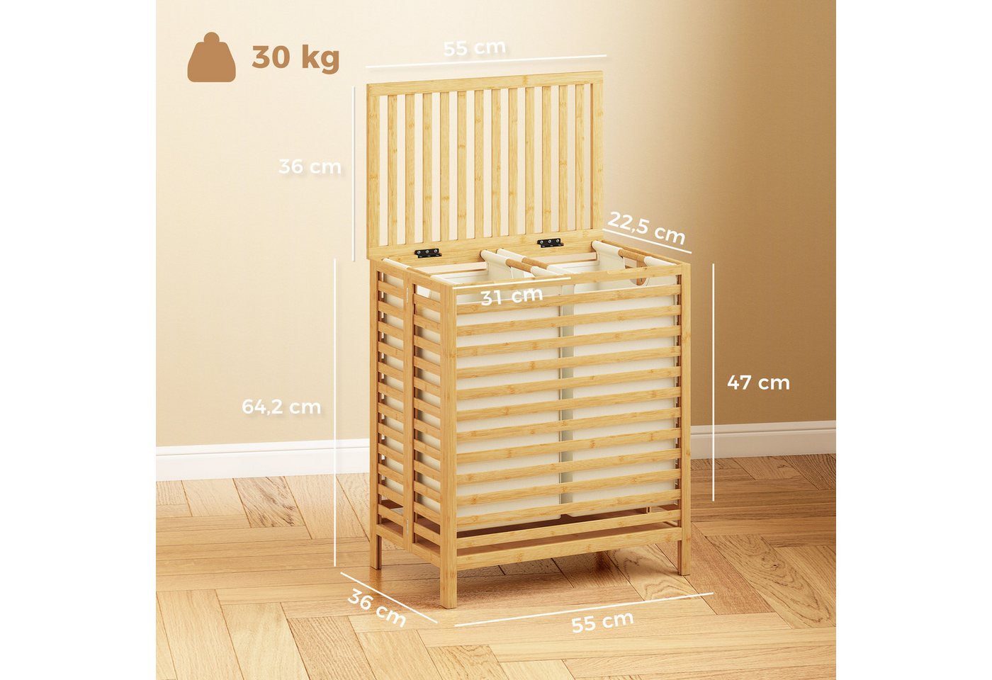 HOMCOM Wäschekorb (Wäschebox, 1 St., Wäschesammler), 64 Liter, faltbar, Doppelkorb, Bambus – Bild 3 von 5