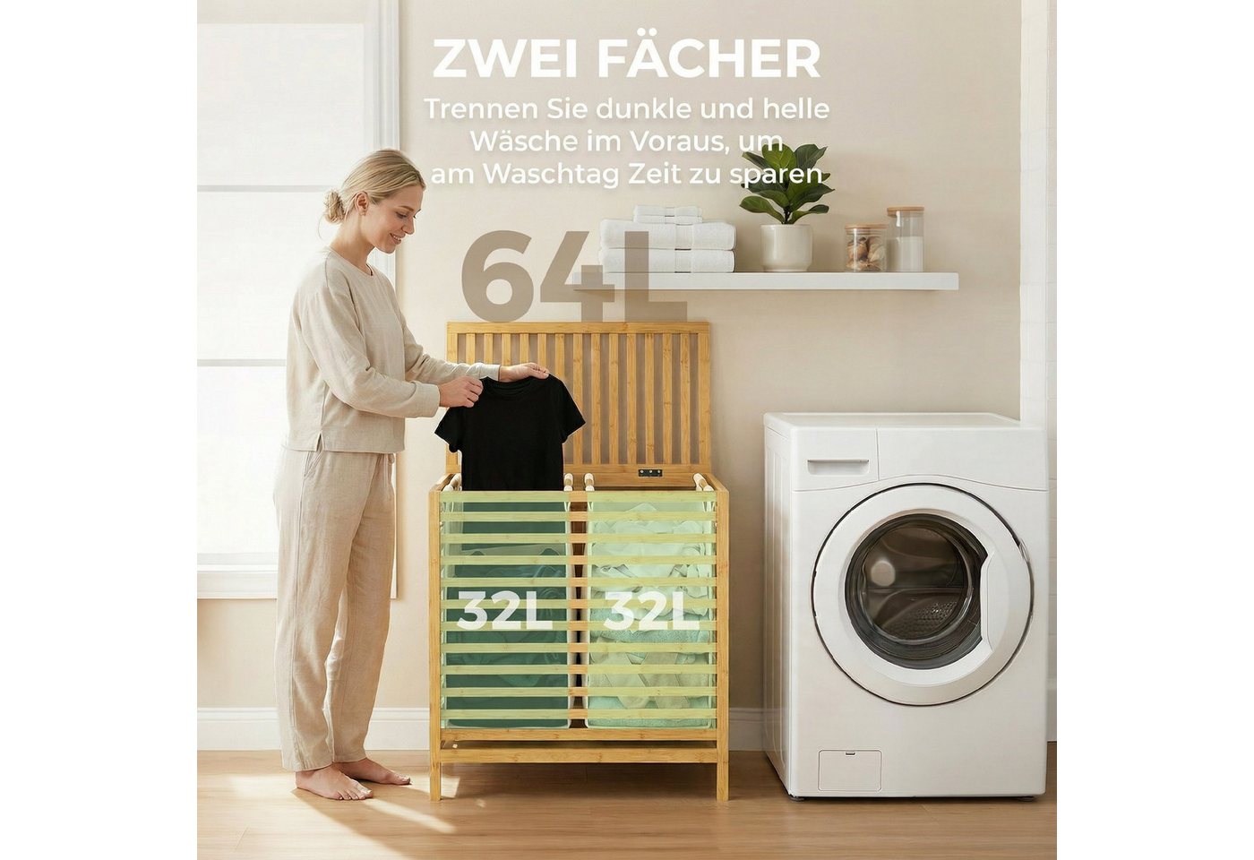 HOMCOM Wäschekorb (Wäschebox, 1 St., Wäschesammler), 64 Liter, faltbar, Doppelkorb, Bambus – Bild 4 von 5