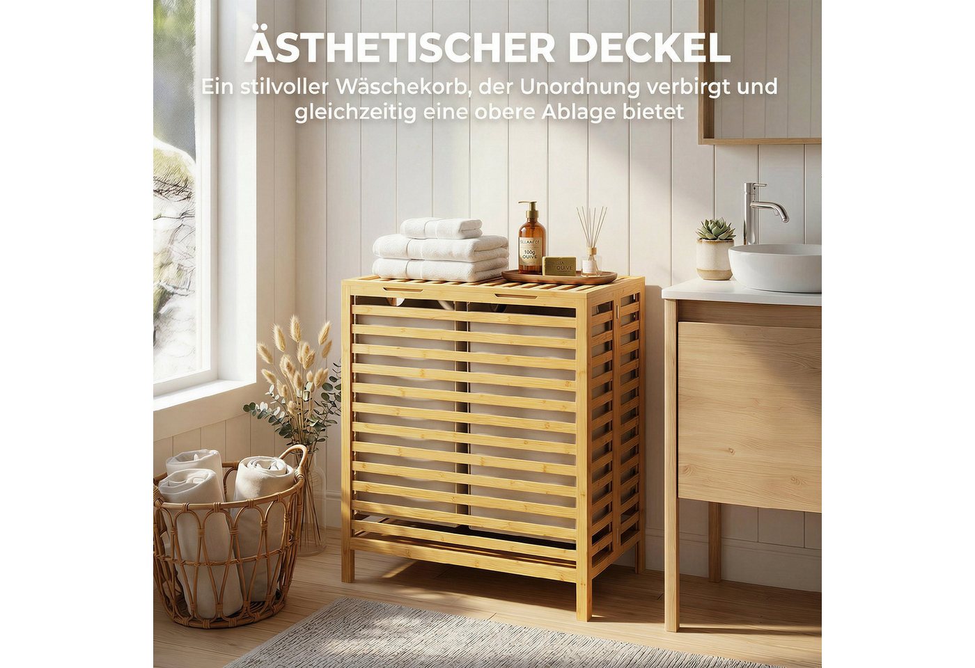 HOMCOM Wäschekorb (Wäschebox, 1 St., Wäschesammler), 64 Liter, faltbar, Doppelkorb, Bambus – Bild 5 von 5