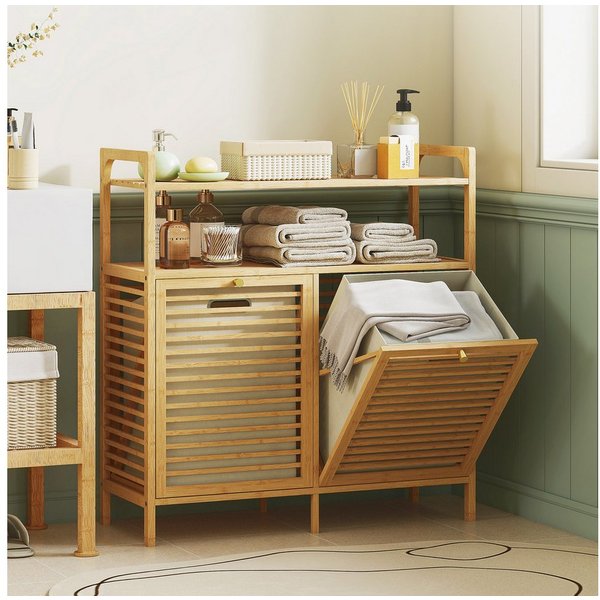HOMCOM Wäschekorb Wäscheregal, Wäschesortierer, 2 Fächer je 41 L, Bambus (Wäschesammler, 1 St., Badmöbel), für Badezimmer, Naturholz