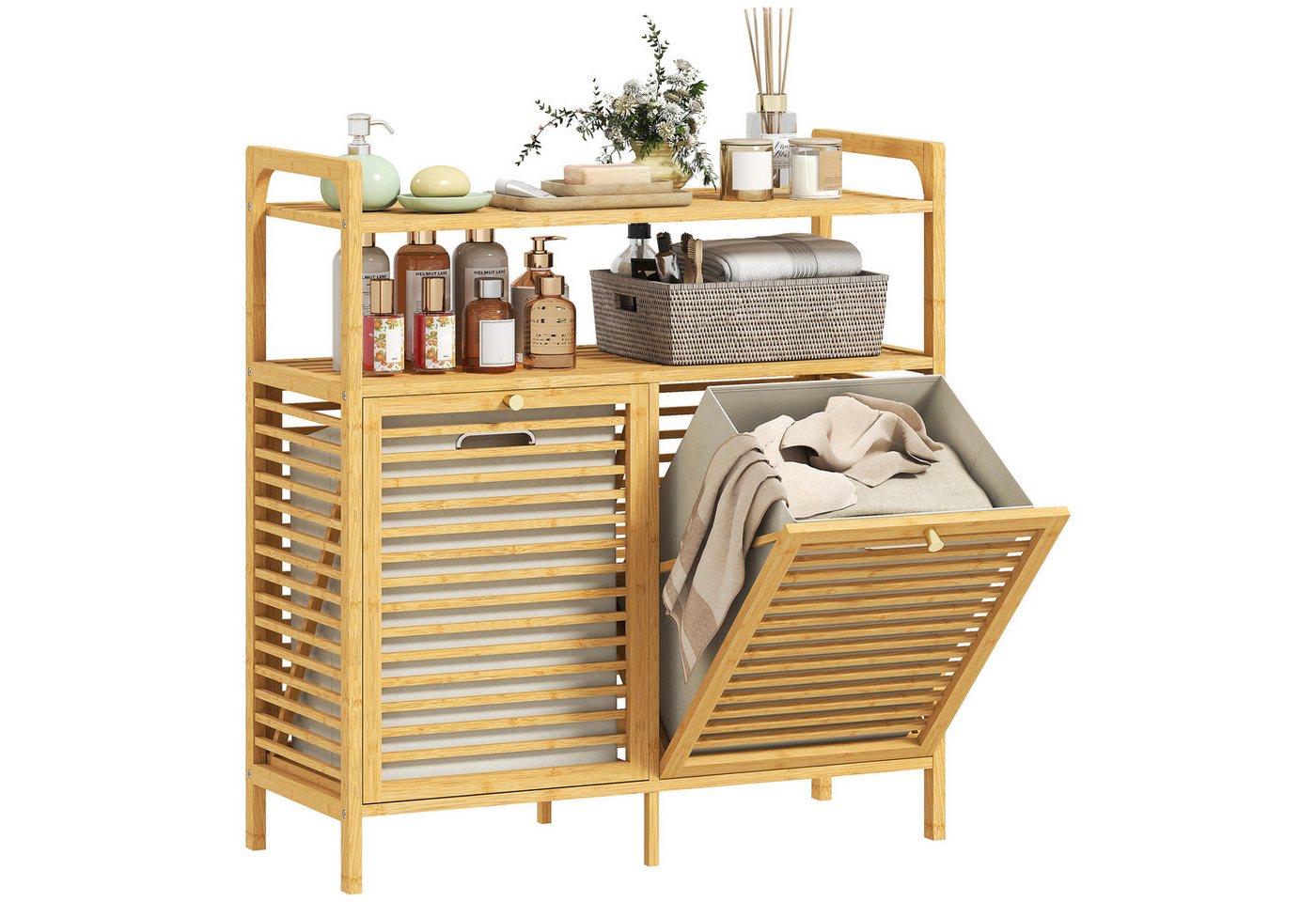 HOMCOM Wäschekorb Wäscheregal, Wäschesortierer, 2 Fächer je 41 L, Bambus (Wäschesammler, 1 St., Badmöbel), für Badezimmer, Naturholz – Bild 2 von 5