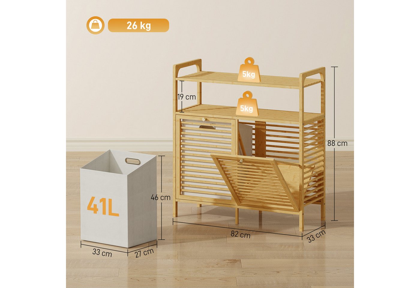 HOMCOM Wäschekorb Wäscheregal, Wäschesortierer, 2 Fächer je 41 L, Bambus (Wäschesammler, 1 St., Badmöbel), für Badezimmer, Naturholz – Bild 3 von 5