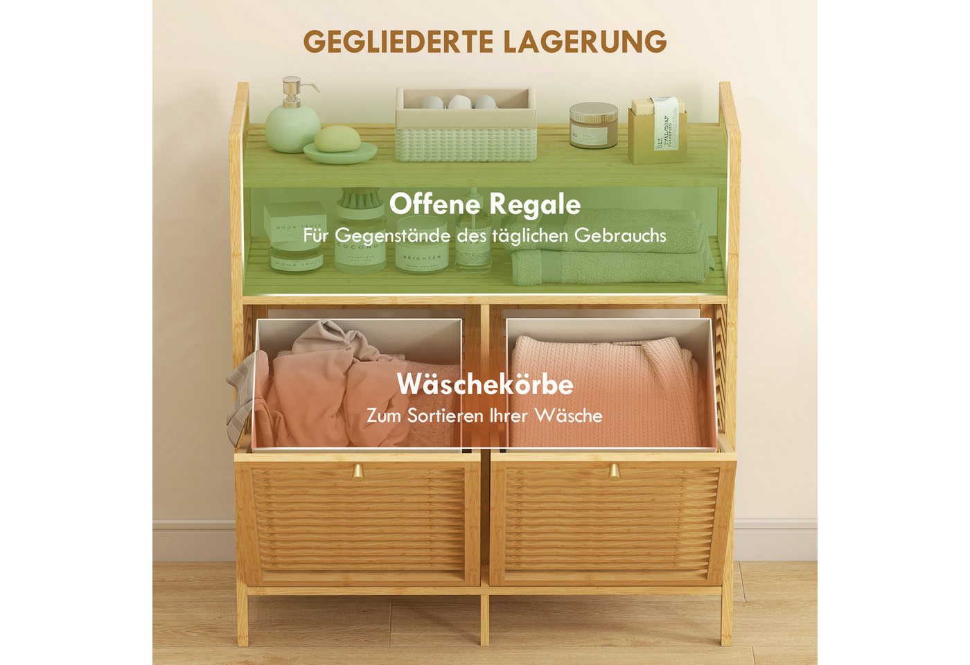 HOMCOM Wäschekorb Wäscheregal, Wäschesortierer, 2 Fächer je 41 L, Bambus (Wäschesammler, 1 St., Badmöbel), für Badezimmer, Naturholz – Bild 4 von 5