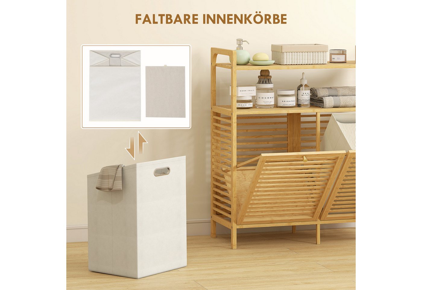 HOMCOM Wäschekorb Wäscheregal, Wäschesortierer, 2 Fächer je 41 L, Bambus (Wäschesammler, 1 St., Badmöbel), für Badezimmer, Naturholz – Bild 5 von 5